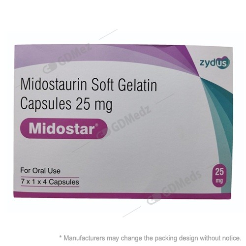 Midostar -midostaurin soft gelatin 25mg 28capsules zydus-500 Midostar -midostaurin soft gelatin 25mg 28capsules zydus-500